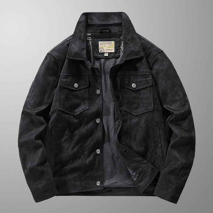Men's Slim Fit Suede Look Jacket with Button Closure and Chest Pockets - Waist Length Black