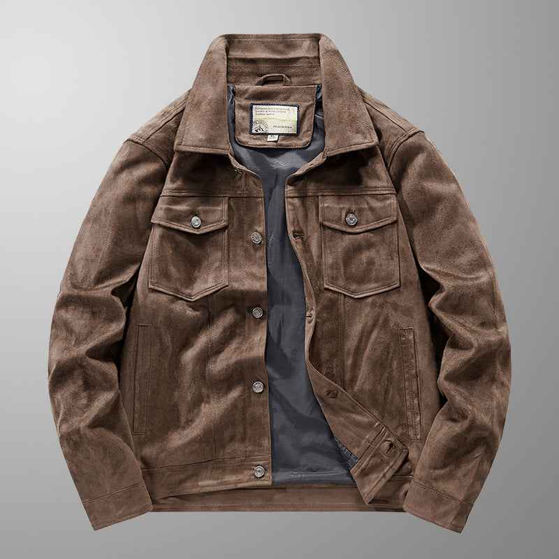Men's Slim Fit Suede Look Jacket with Button Closure and Chest Pockets - Waist Length Black Coffee