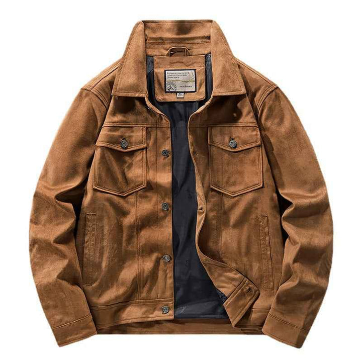 Men's Slim Fit Suede Look Jacket with Button Closure and Chest Pockets - Waist Length Light Coffee