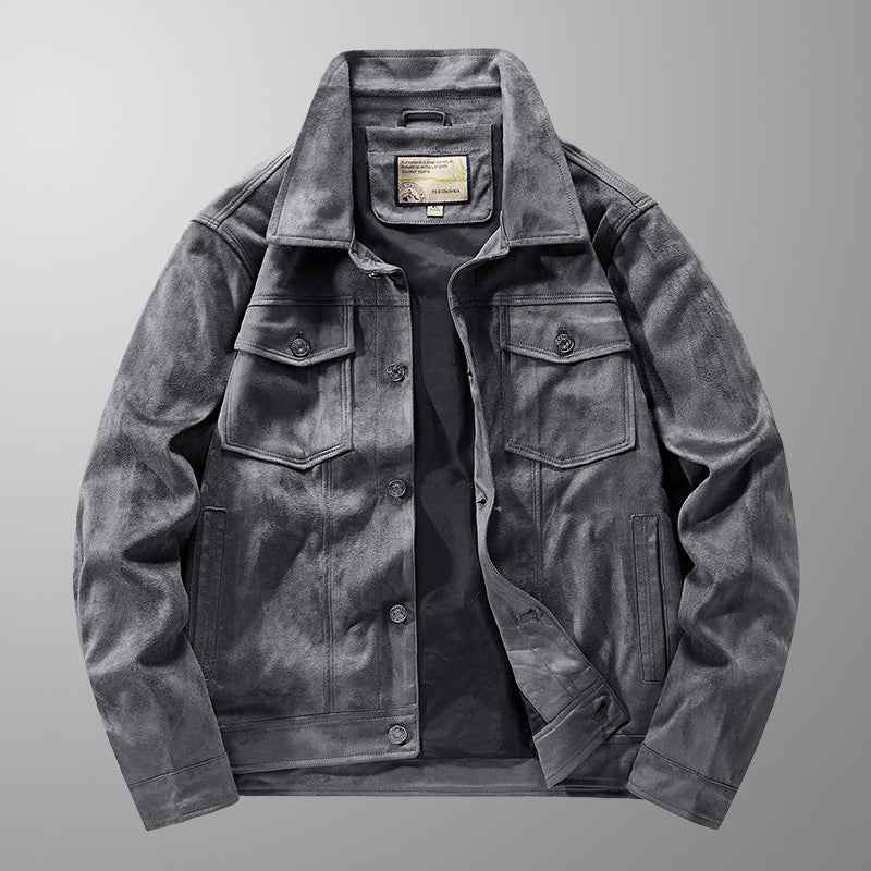 Men's Slim Fit Suede Look Jacket with Button Closure and Chest Pockets - Waist Length Grey