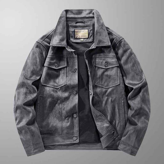 Men's Brushed Suede Button Closure Waist Length Grey Winter Jacket Grey