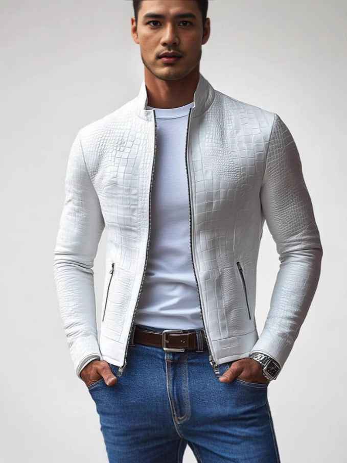 Men's Slim Fit Textured Jacket with Stand-up Collar and Zip Pockets White