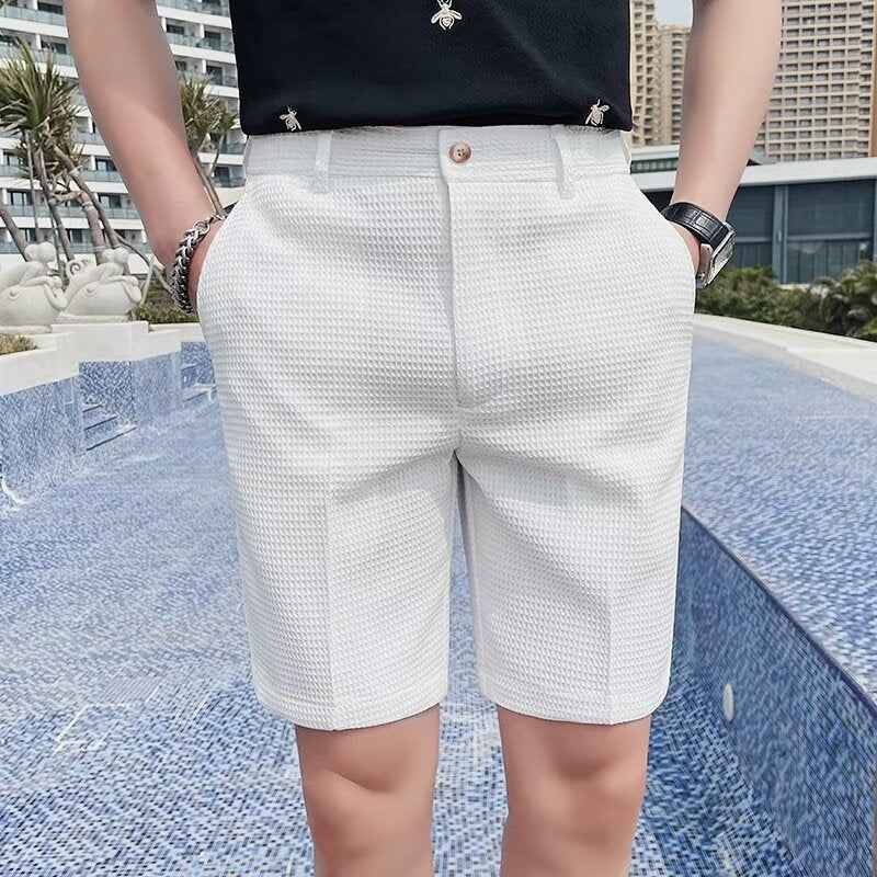 Men's Slim Fit Textured Woven Shorts with Button Closure and Pockets - Knee Length White