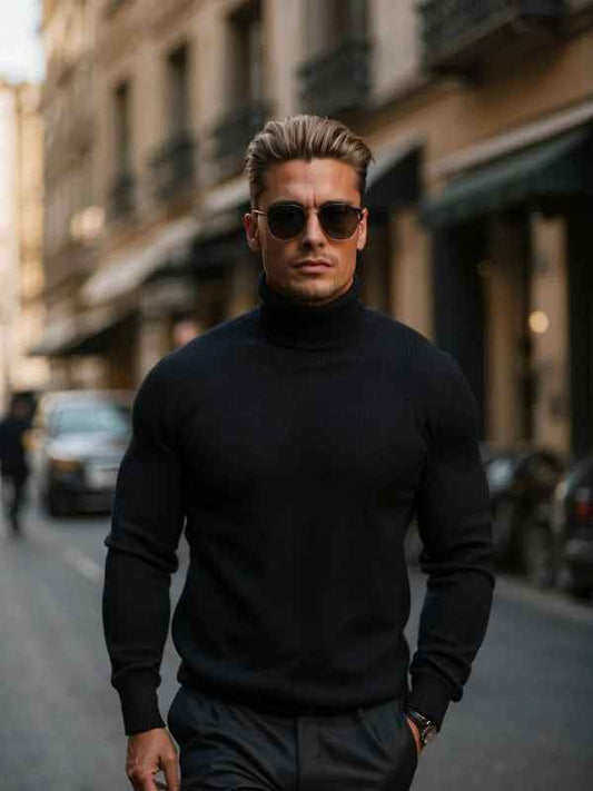 Men's Slim Fit Turtleneck – Cotton – Minimalist Design – Ribbed Edges