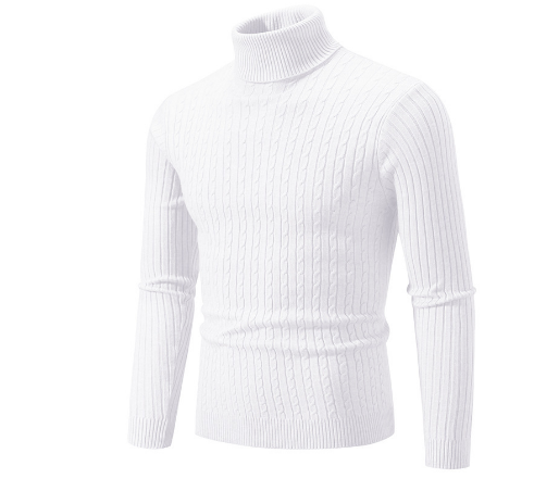 Men's Slim Fit Turtleneck Sweater – Wool Knit with Cable Pattern and Ribbed Cuffs White