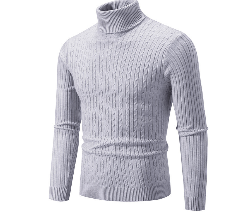 Men's Slim Fit Turtleneck Sweater – Wool Knit with Cable Pattern and Ribbed Cuffs Grey