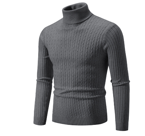 Men's Slim Fit Turtleneck Sweater – Wool Knit with Cable Pattern and Ribbed Cuffs Dark Grey