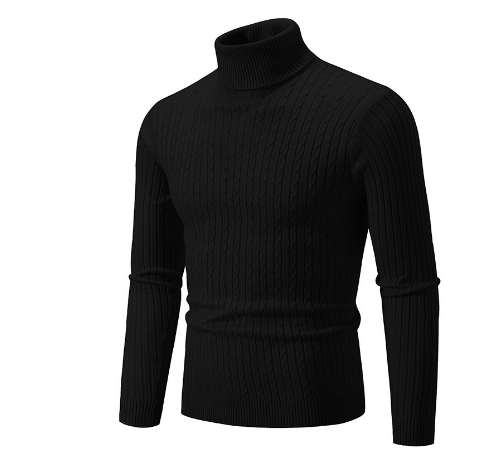 Men's Slim Fit Turtleneck Sweater – Wool Knit with Cable Pattern and Ribbed Cuffs Black