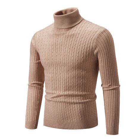 Men's Slim Fit Turtleneck Sweater – Wool Knit with Cable Pattern and Ribbed Cuffs Beige