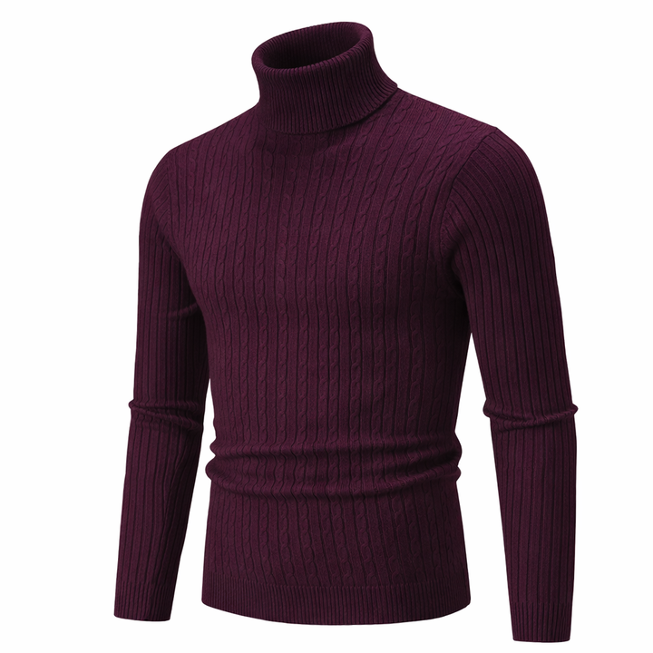 Men's Slim Fit Turtleneck Sweater – Wool Knit with Cable Pattern and Ribbed Cuffs Burgundy