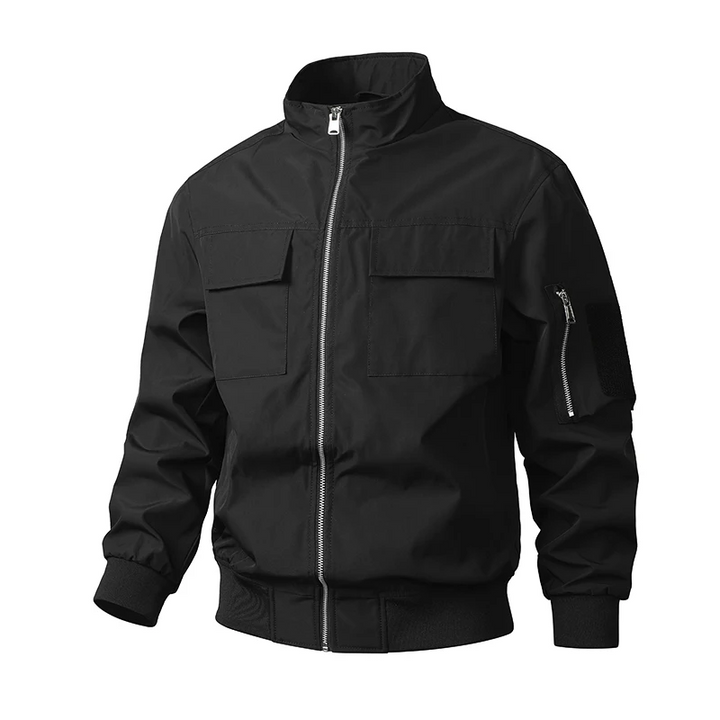 Men's Slim Fit Windproof Bomber Jacket with Stand-Up Collar and Pockets Black
