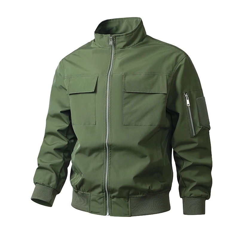 Men's Slim Fit Windproof Bomber Jacket with Stand-Up Collar and Pockets Green