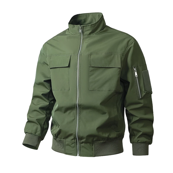 Men's Slim Fit Windproof Bomber Jacket with Stand-Up Collar and Pockets Green