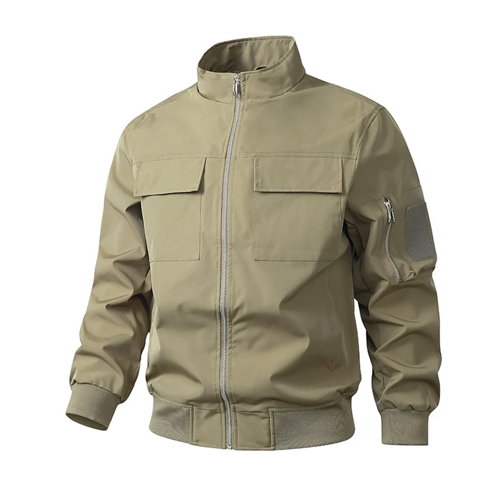 Men's Slim Fit Windproof Bomber Jacket with Stand-Up Collar and Pockets Khaki