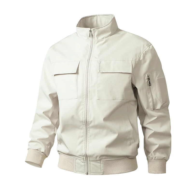 Men's Slim Fit Windproof Bomber Jacket with Stand-Up Collar and Pockets Beige