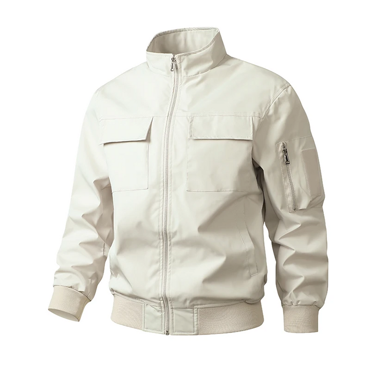 Men's Slim Fit Windproof Bomber Jacket with Stand-Up Collar and Pockets Beige