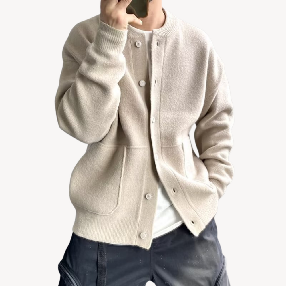 Men's Soft Knit Cardigan – Relaxed Fit, Button Closure, Ribbed Edges, Pockets Beige