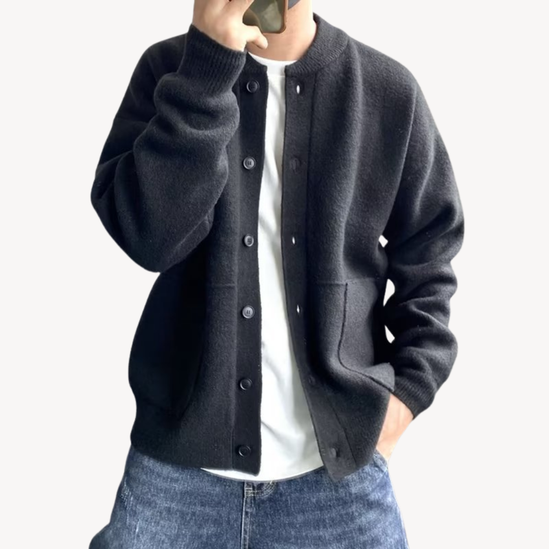 Men's Soft Knit Cardigan – Relaxed Fit, Button Closure, Ribbed Edges, Pockets Black