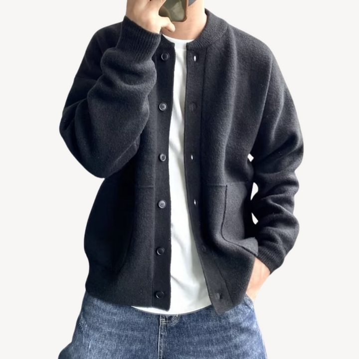 Men's Soft Knit Cardigan – Relaxed Fit, Button Closure, Ribbed Edges, Pockets Black