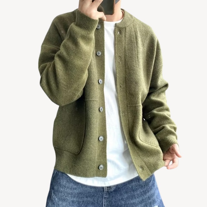 Men's Soft Knit Cardigan – Relaxed Fit, Button Closure, Ribbed Edges, Pockets Green