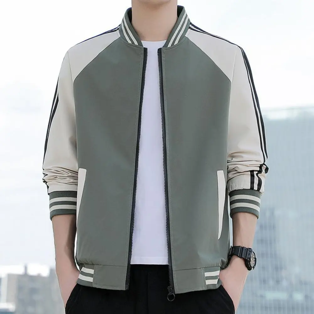Men's Splicing Stripe Varsity Jacket Green