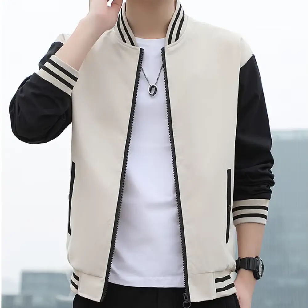 Men's Splicing Stripe Varsity Jacket Beige