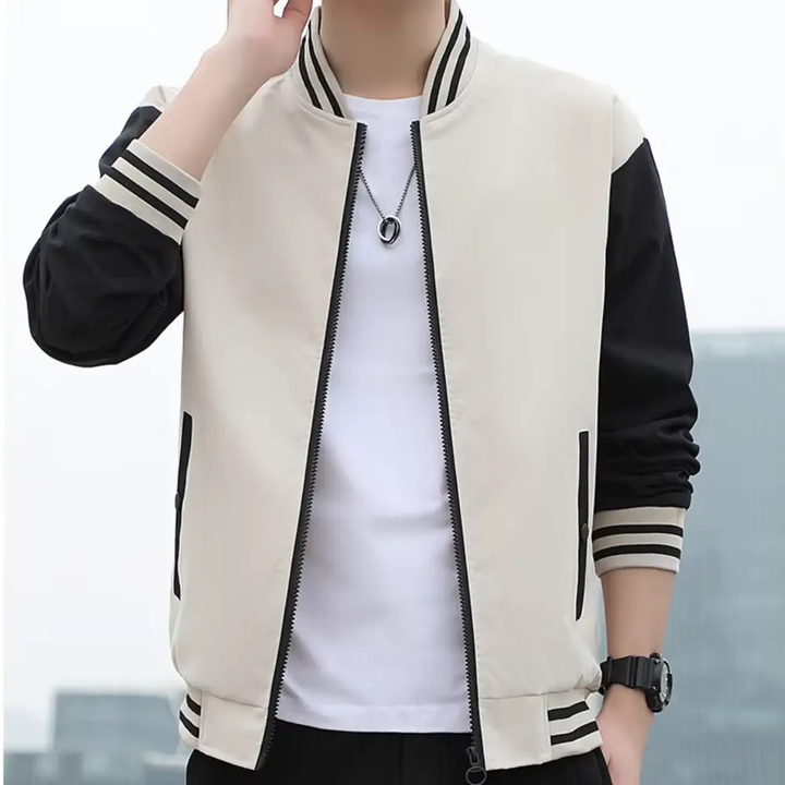 Men's Splicing Stripe Varsity Jacket Beige