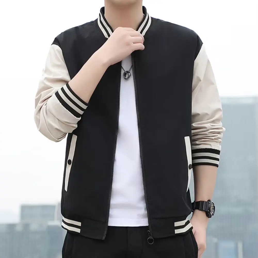 Men's Splicing Stripe Varsity Jacket Black