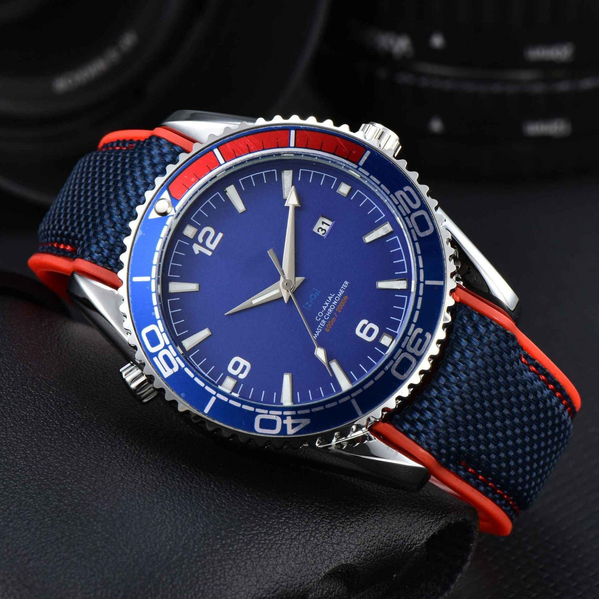 Men's Watch Oversized Black - Black Strap Silver - Black Strap Blue - Red Accents