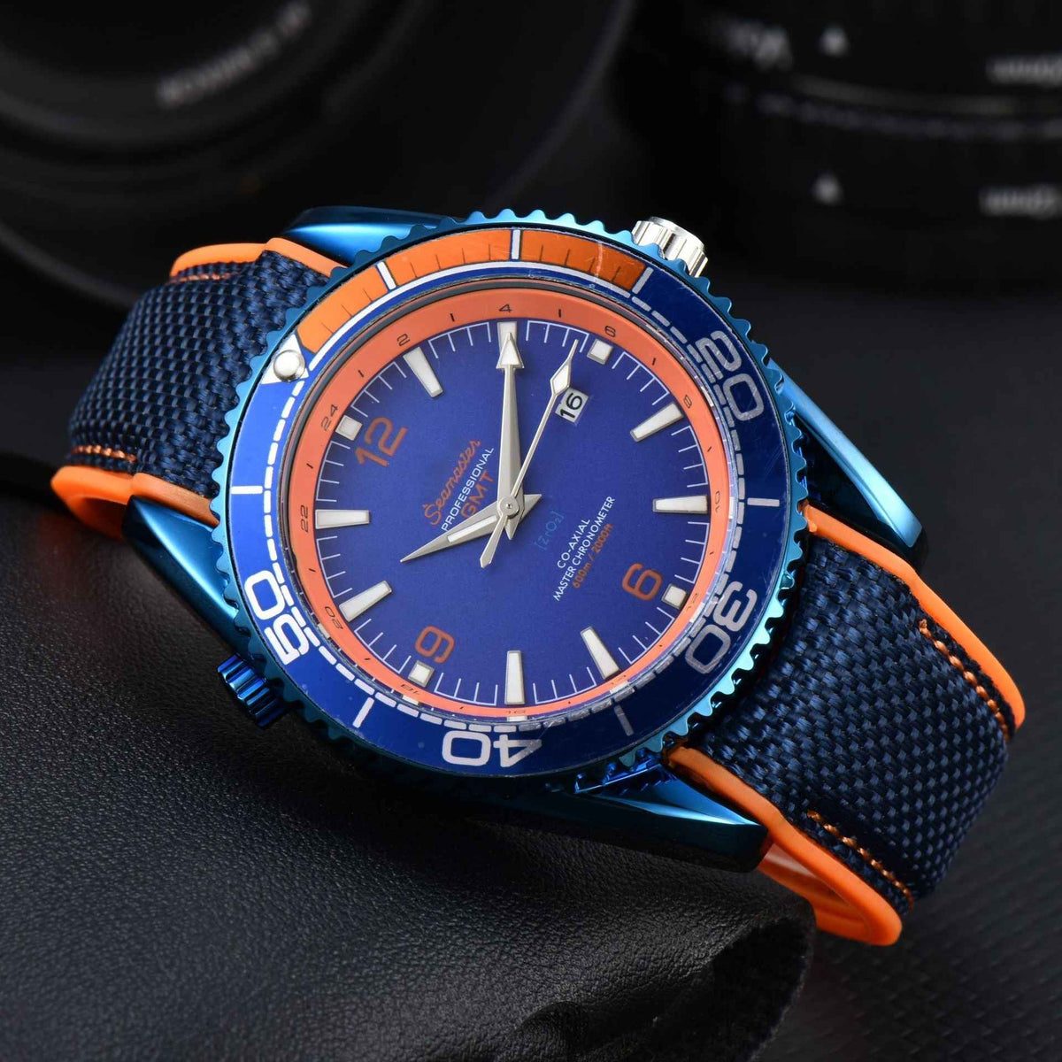 Men's Watch Oversized Black - Black Strap Silver - Black Strap Blue - Orange Accents