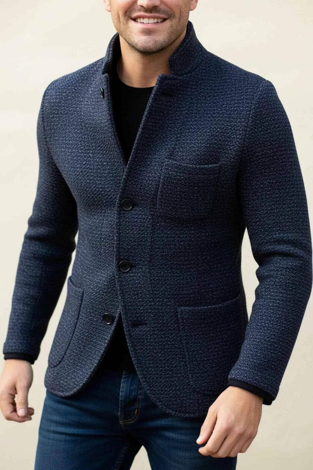 Men's Stand Collar Blazer Jacket Navy Blue