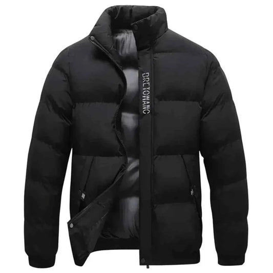Men's Polyester Stand Collar Puffer Insulated Snap Front Solid Jacket Black