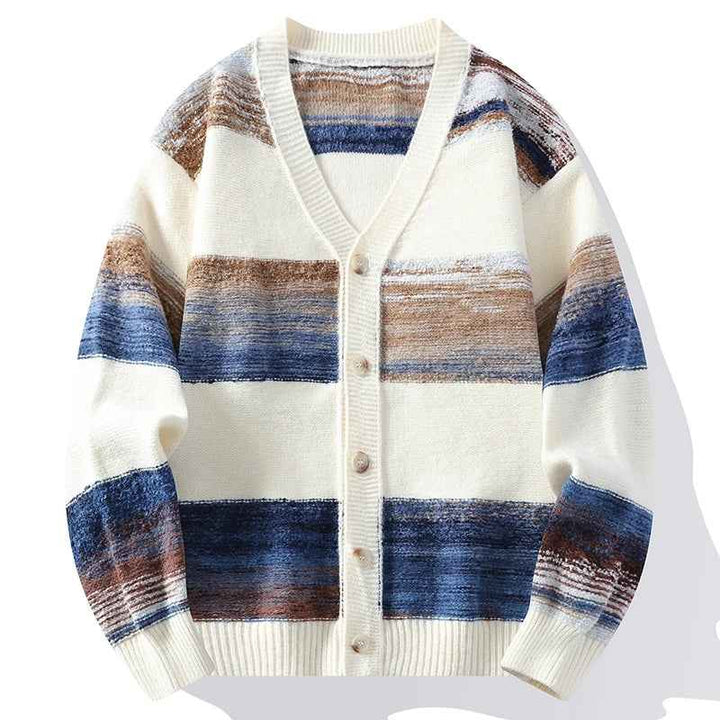 Men's Striped Cardigan - Cozy Knit Sweater Beige
