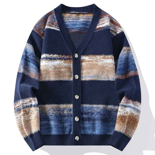 Men's Relaxed Fit Striped Cardigan Winter Essential Knitwear Navy Blue