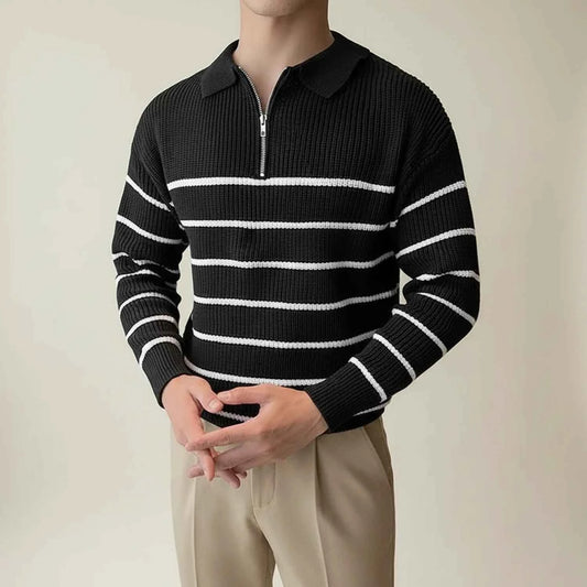Men's Quarter Zip Long Sleeve Relaxed Fit Striped Black Winter Sweater