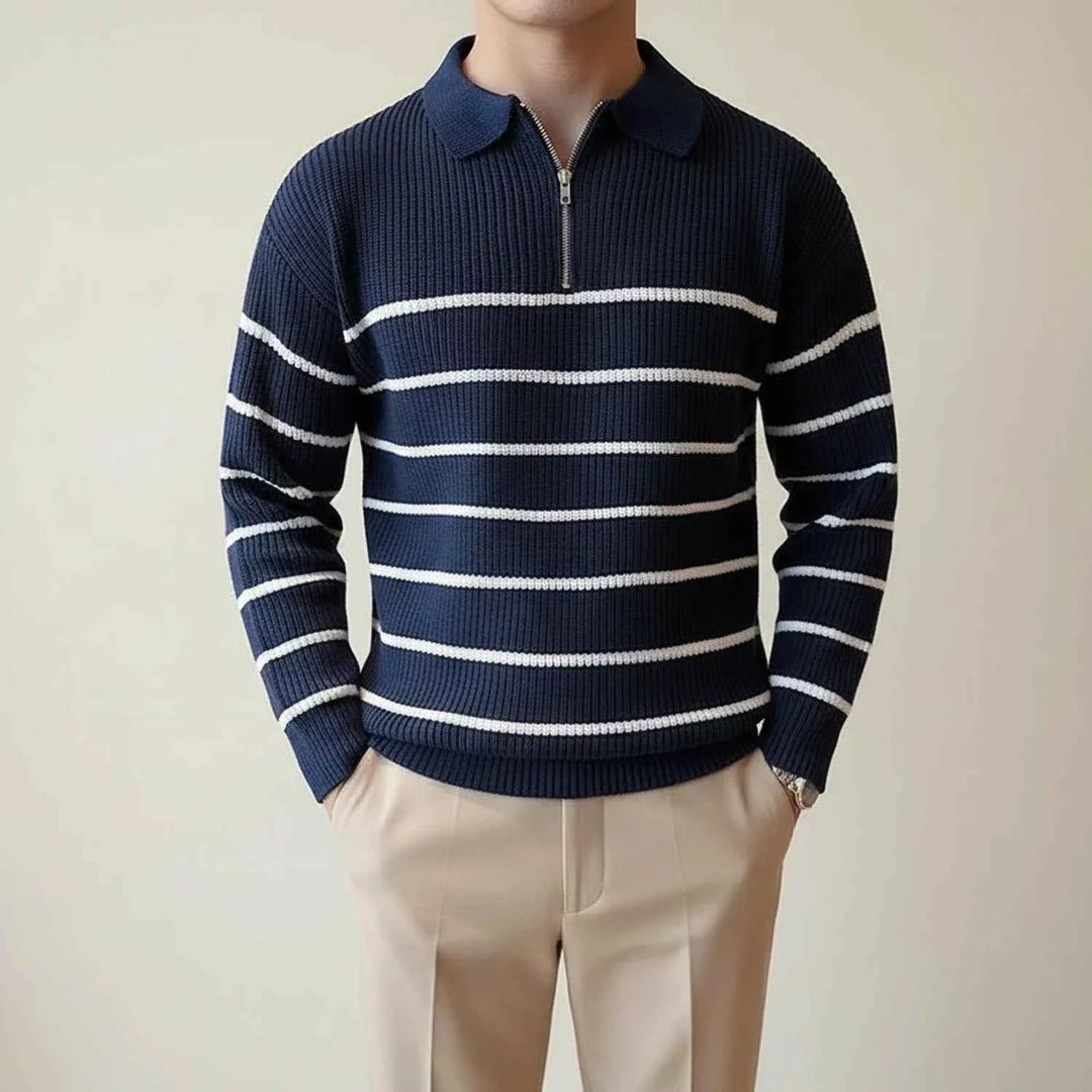 Men's Striped Quarter-Zip Polo Sweater Blue