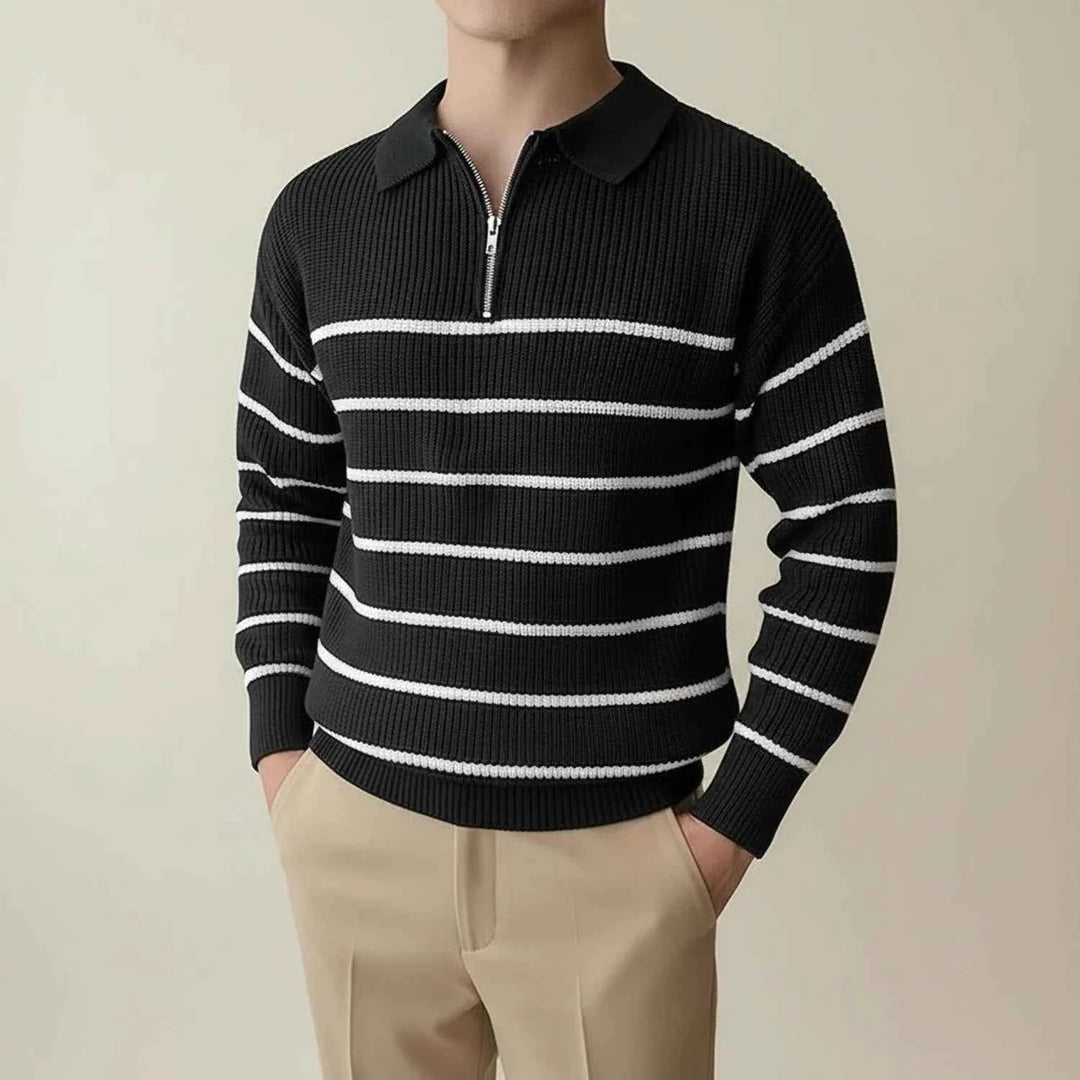 Men's Striped Quarter-Zip Polo Sweater Black