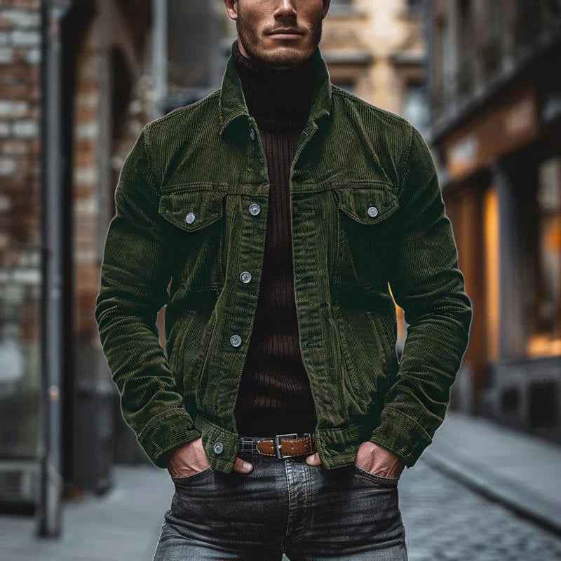 Men's Structured Fit Coat – Ribbed Texture with Lapel Collar – Casual Chic Style Army Green