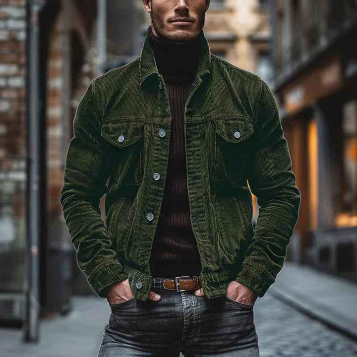 Men's Structured Fit Coat – Ribbed Texture with Lapel Collar – Casual Chic Style Army Green