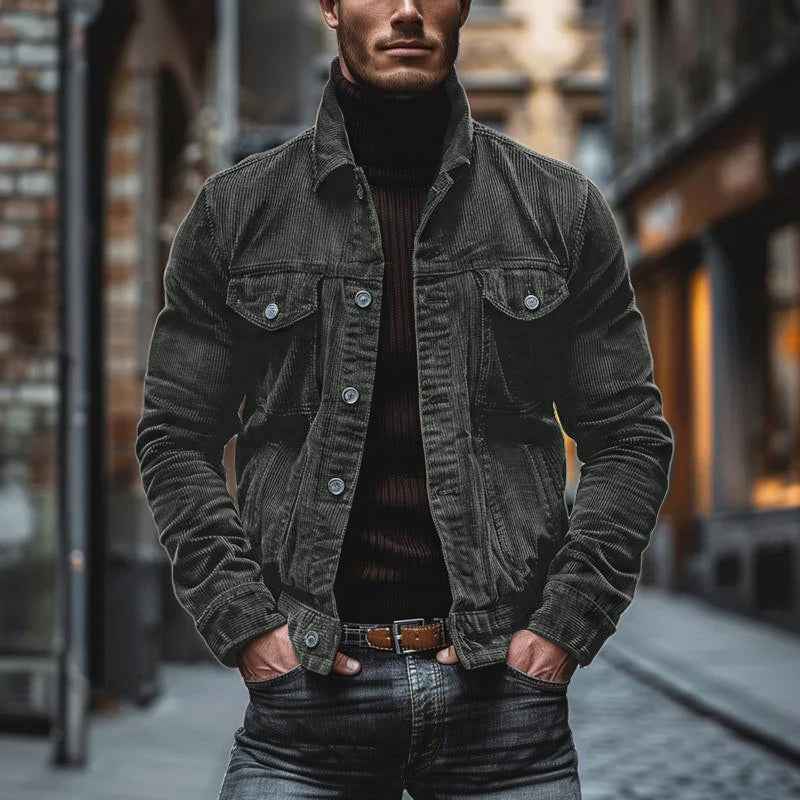 Men's Structured Fit Coat – Ribbed Texture with Lapel Collar – Casual Chic Style Dark Grey