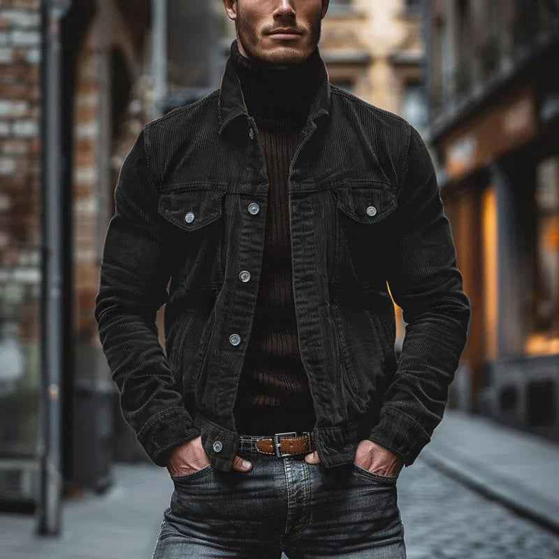 Men's Structured Fit Coat – Ribbed Texture with Lapel Collar – Casual Chic Style Black