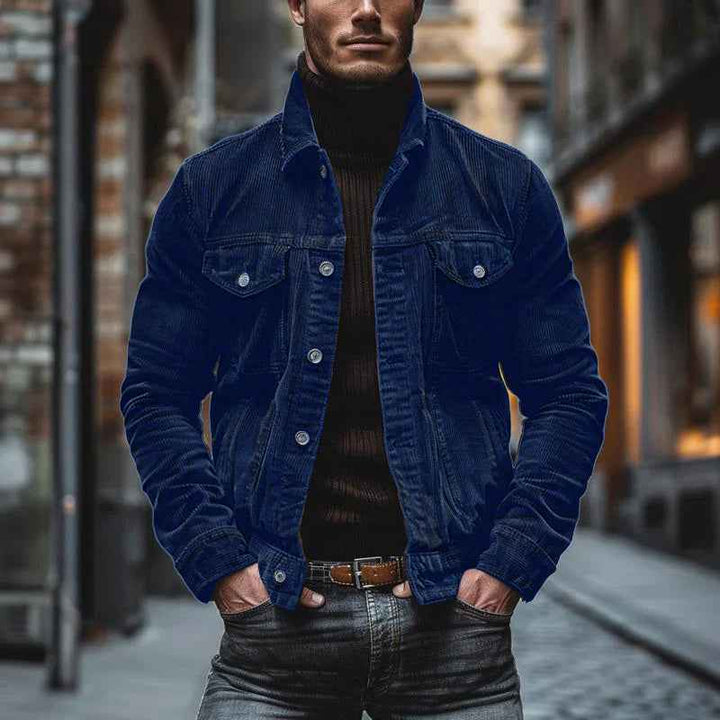 Men's Structured Fit Coat – Ribbed Texture with Lapel Collar – Casual Chic Style Blue