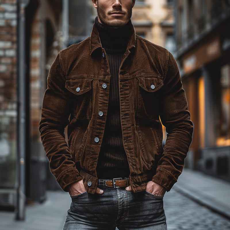 Men's Structured Fit Coat – Ribbed Texture with Lapel Collar – Casual Chic Style Brown