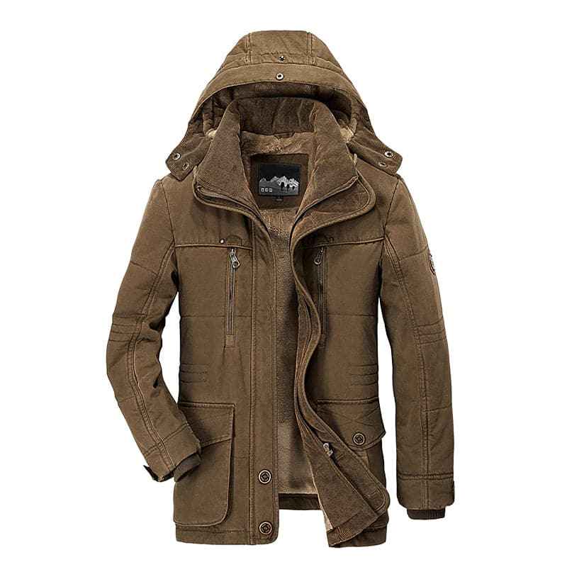 Men's Structured Fit Jacket with Lined Hood and Buttoned Side Pockets Brown