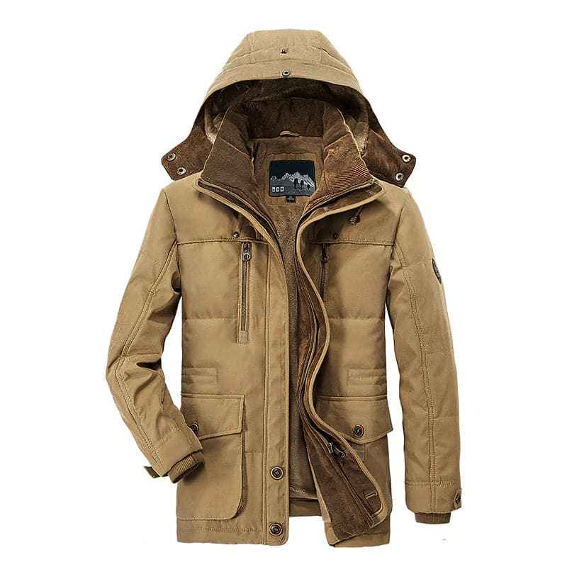 Men's Structured Fit Jacket with Lined Hood and Buttoned Side Pockets Khaki