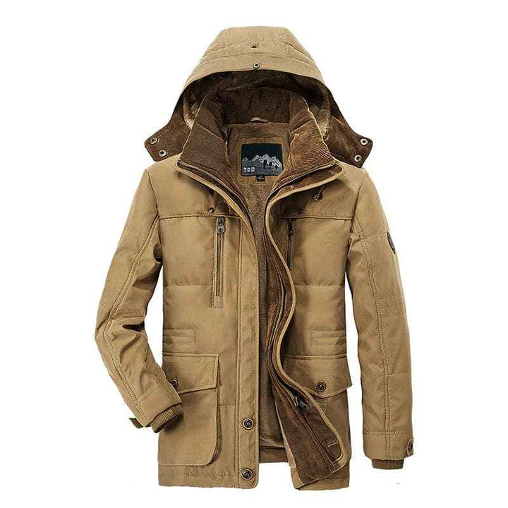 Men's Structured Fit Jacket with Lined Hood and Buttoned Side Pockets Khaki