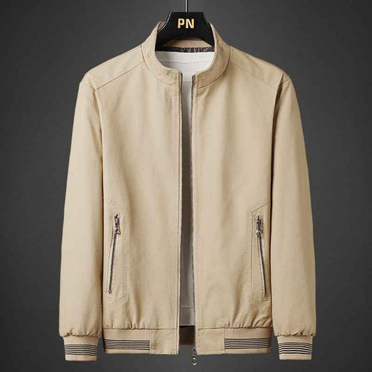 Men's Polyester Zip-up Stand Collar Ribbed Cuffs Side Pockets Jacket Beige