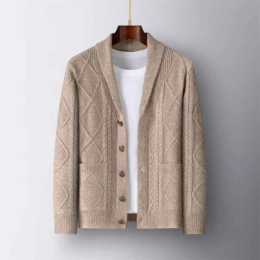 Men's Wool Blend Shawl Collar Cable-knit Cardigan Winter
