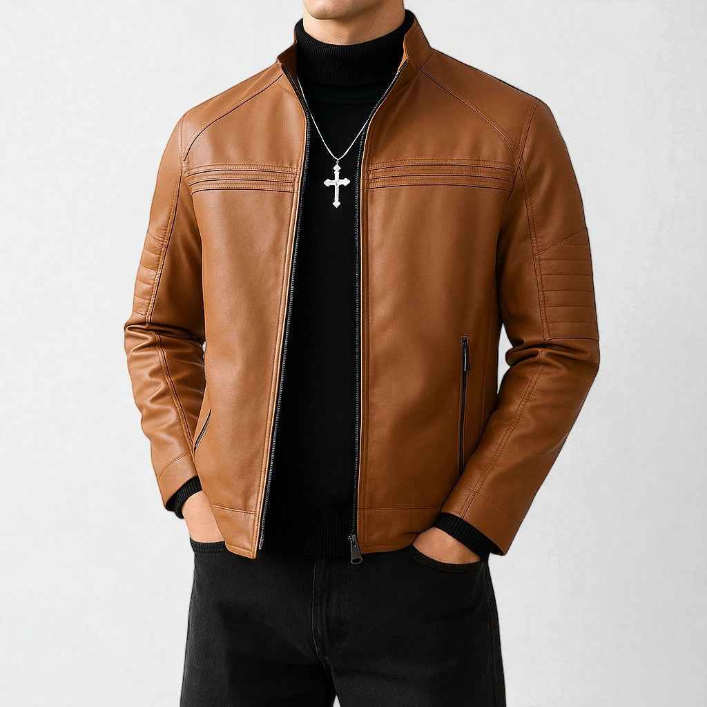 Men's Stylish Moto Jacket - Trendy Biker Outerwear Brown