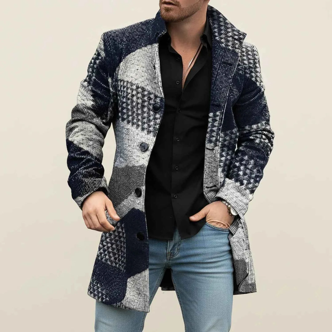 Men's Stylish Notched Lapel Overcoat Dark Blue